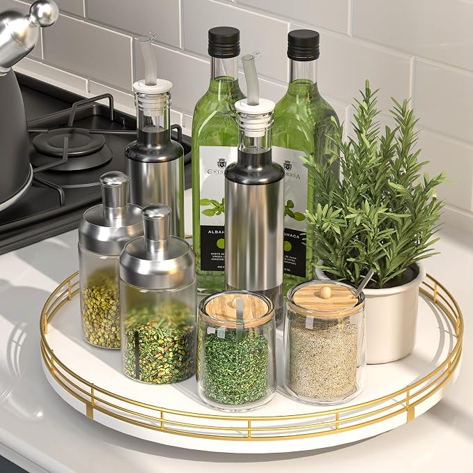 Oroyutor 13-Inch White and Gold Wooden Lazy Susan Spice Organizer | Rotating oak tray organizes spices, toiletries and decor on kitchen counters, bathroom vanities, dining and coffee tables. by Oroyutor