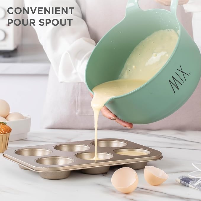 Rae Dunn Non-Slip Mixing Bowls - 4 Piece Nesting Plastic Mixing Bowl Set with Pour Spouts and Handles-Measurement Markings (Sage) - Image 2