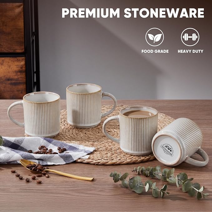 E-far Coffee Mugs Set of 4, 12 oz Stoneware Coffee Cups with Handle for Latte, Tea, Cocoa, Milk, Modern Ribbed Ceramic Mugs for Man Woman, Microwave & Dishwasher Safe, Creamy Beige - Image 3