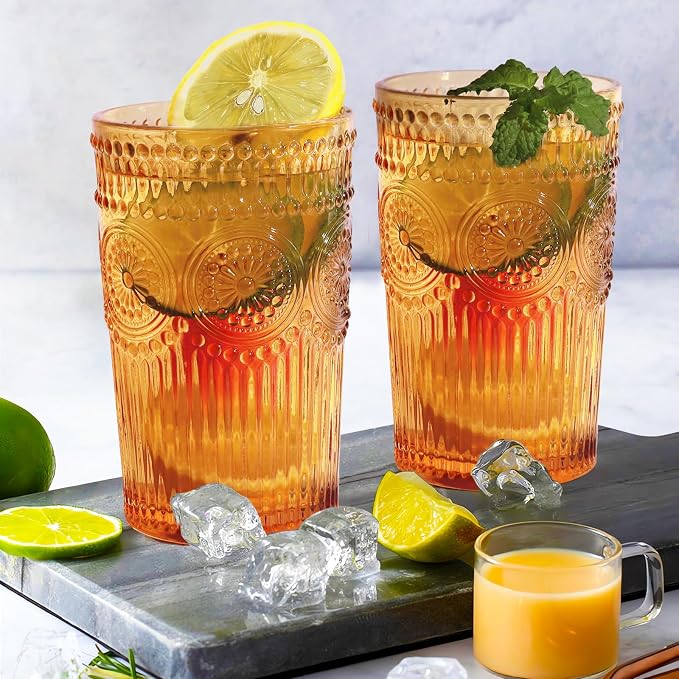 Loivttvv 6pcs Vintage Drinking Glasses Set, 12 oz Amber Highball Glasses, Embossed Ribbed Glassware Cups for Thanksgiving Cocktail, Juice, Whiskey by Loivttvv