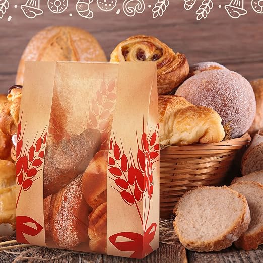 Gueevin 300 Pcs Kraft Paper Bread Bag for Homemade Bread Large Sourdough Loaf Bag with Clear Window Bakery Food Package Storage with 500 Pcs Sticker for Popcorn Cookies, 14x8.3x3.2'' - Image 5