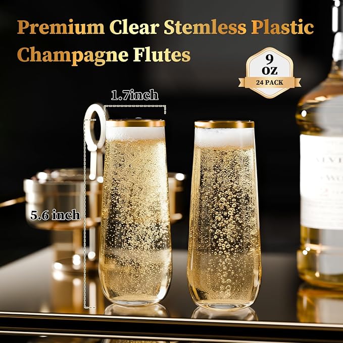 24 Pack Gold Rim Stemless Champagne Flutes, 9 oz Clear Disposable Plastic Glasses, Heavy Duty Shatterproof Recyclable Mimosa Glasses for Party Wine Tasting Wedding New Years Eve Party Supplies - Image 2