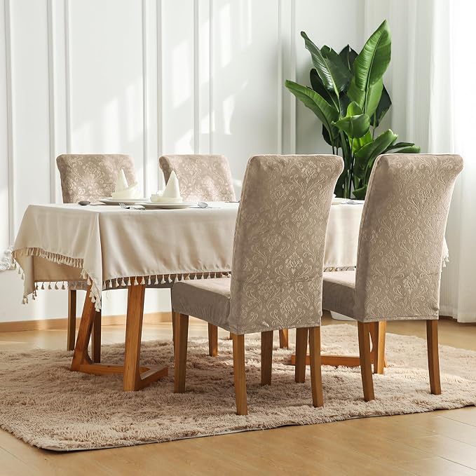 FORCHEER Chair Covers for Dining Chairs Set of 4,Velvet Beige Stretch Dining Room Chair Cover Kitchen Parsons Chair Slipcovers (Pack of 4, Velvet Beige) - Image 2