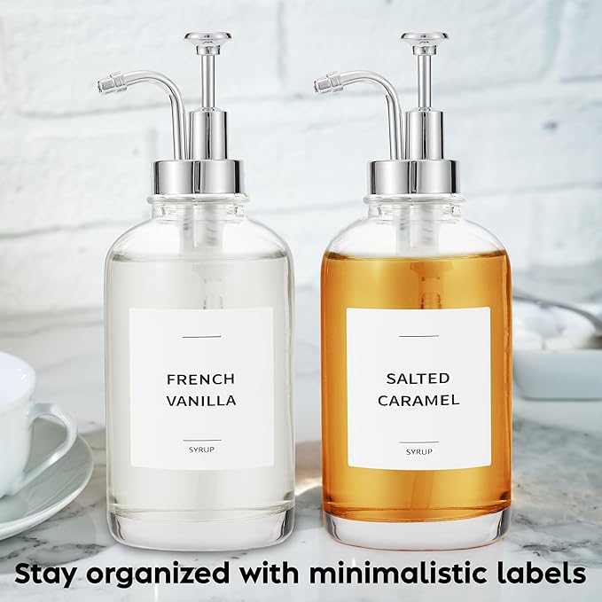 Coffee Syrup Dispenser with Pump - Includes 24 Flavor Labels - Glass Syrup Dispenser for Coffee Bar - Elevate your Beverage Station with 16.9 fl oz Flavoring Container Bottles, 2pcs, Silver