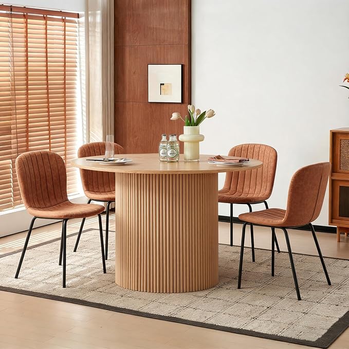5 Piece Round Dining Table Set for 4, Mid Century Modern Wooden Kitchen Table and Chairs, Space-Saving Small Dinette Set (47 Inch Oak Table+4 Brown Chairs) - Image 4