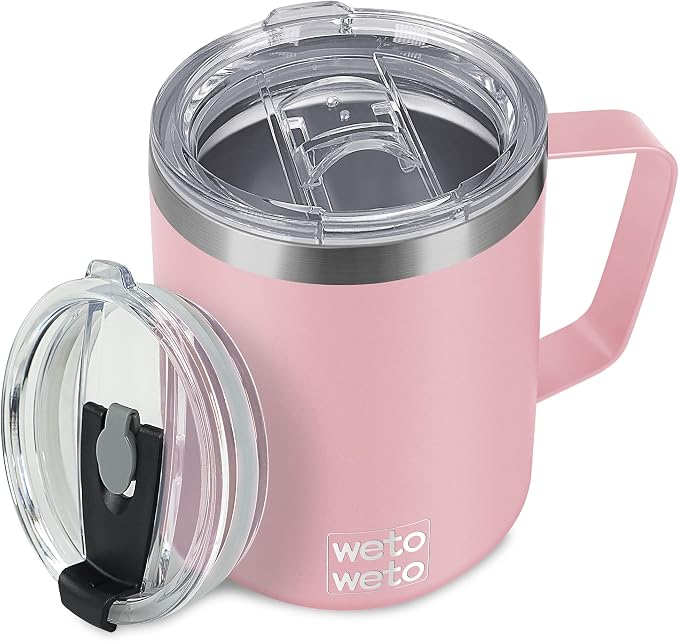 WETOWETO 14 oz Coffee Mug, Vacuum Insulated Camping Mug with Lid, Double Wall Stainless Steel Travel Tumbler Cup, Coffee Mugs Outdoor, Powder Coated Ice Pink by Wetoweto
