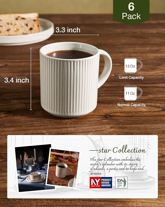 famiware Coffee Mug Set for 6, Star 12 oz Catering Mugs Cup Set with Handle for Coffee, Tea, Cocoa, Milk- Ceramic Stoneware Drinkware Set, Oat - Image 5