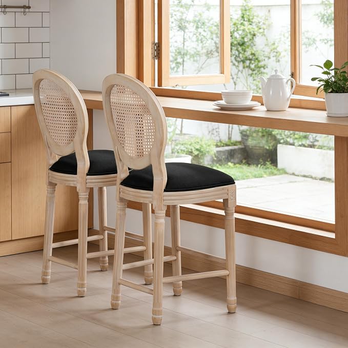 French Country Barstool, Linen Farmhouse Counter Height Chair | Set of 2, with Rattan Round Back and Solid Wood Legs, Oval Chairs for Restaurant, Bar, Kitchen, Café, Black - Image 2
