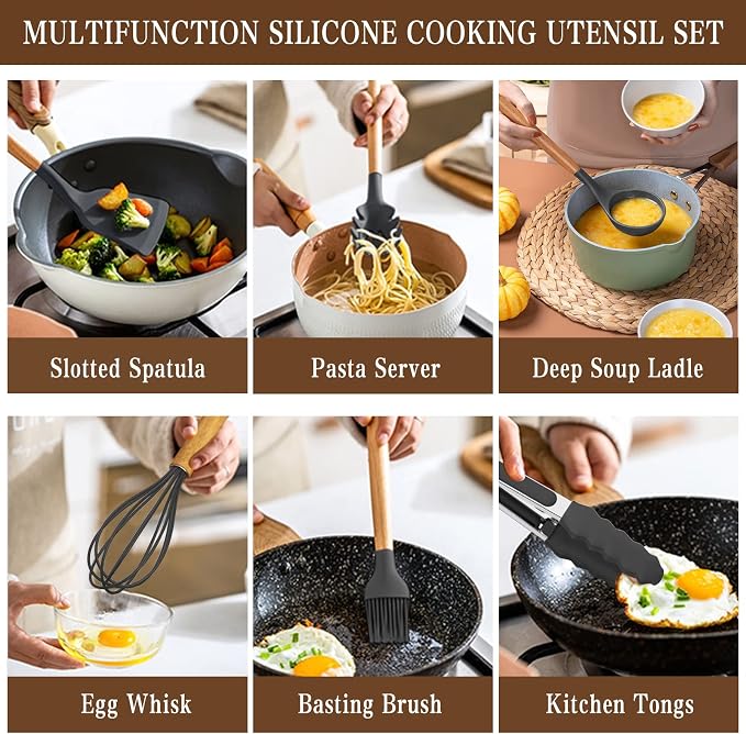 Umite Chef Kitchen Cooking Utensils Set, 33 pcs Non-stick Silicone Spatula Set with Holder, Woodle Handle Heat Resistant Gadgets Utensil (Gray) - Image 3
