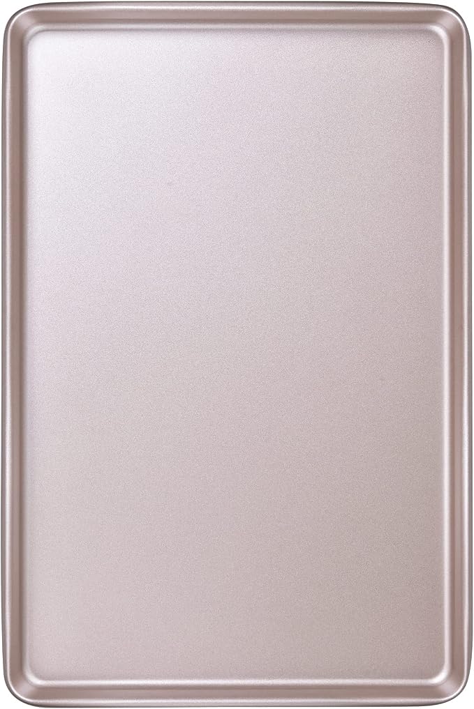 13-Inch Baking Sheet Pan, Non-Stick Carbon Steel Meat Bread Jelly Roll Pizzas Pastries Rimmed Cookie Sheet Pan for Oven Roasting 13" × 9" × 0.8" (Champagne Gold) by Bakeley
