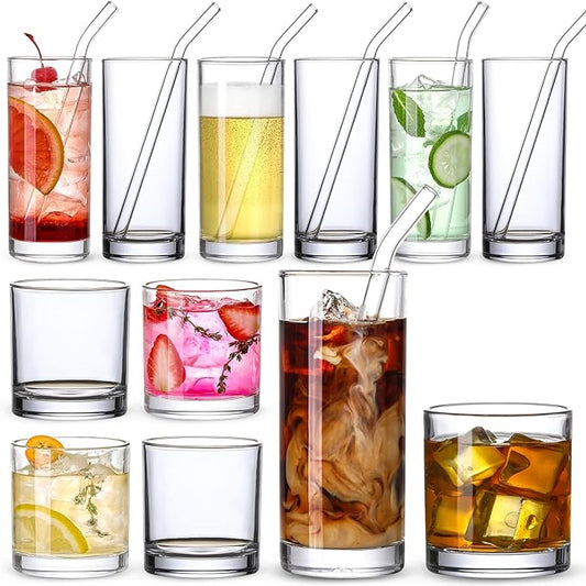 [ 12 Pack ] Glass Cups with Glass Straws, 12oz Highball & Rock Drinking Glasses, Everyday Drinkware Glasses Set, Cute Tumbler Cup, Kitchen Glasses for Iced Coffee, Water, Beer, Cocktail, Whiskey Gift. by MakeLifeBetterEasier