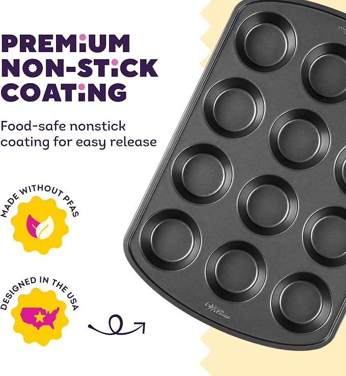 Wilton Gold Non-Stick Muffin Pan, Made Without PFAS, 12-Cup | Non-Stick Steel with Scratch-Resistant Coating, Resists Warping, Extended Handles, Dishwasher Safe, Perfect for Cupcakes - Image 5