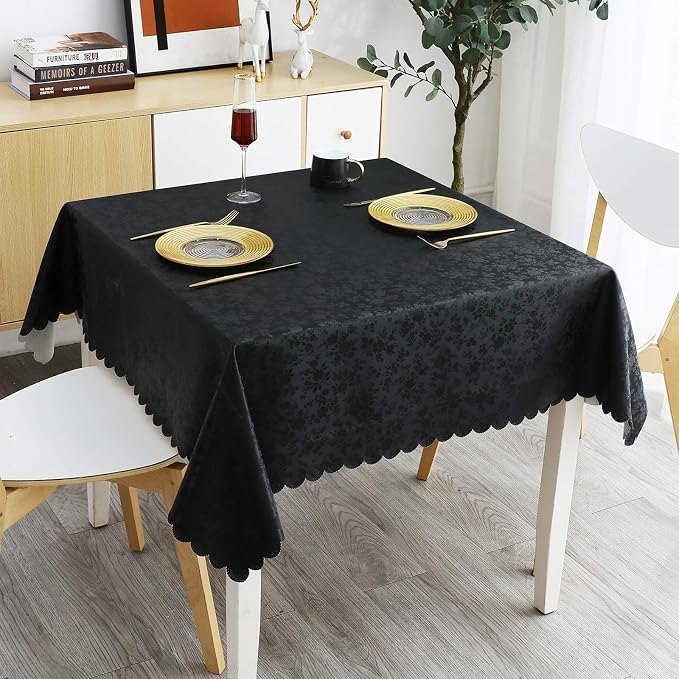 Smiry Square Waterproof Heavy Duty Vinyl Tablecloths, 70 x 70 Inch | Wipeable Washable Floral Embossed Table Cover for Kitchen and Dining Room, Indoor & Outdoor Use, Black by Smiry