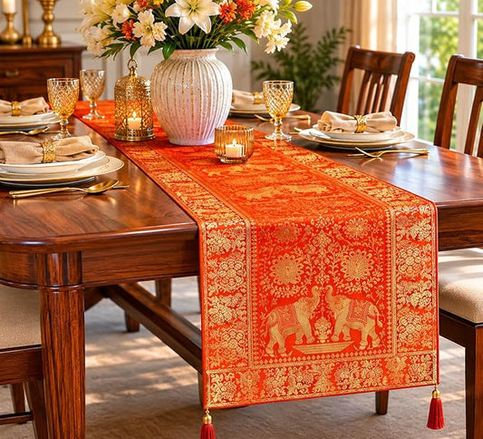 Indian Traditional Silk Table Runner 60 x 16 Inch, Elephant & Peacock Art Design Decorative Table Cloth, Orange Dining Table Runner for Kitchen, Living Room and Festive Home Decor by Unknown