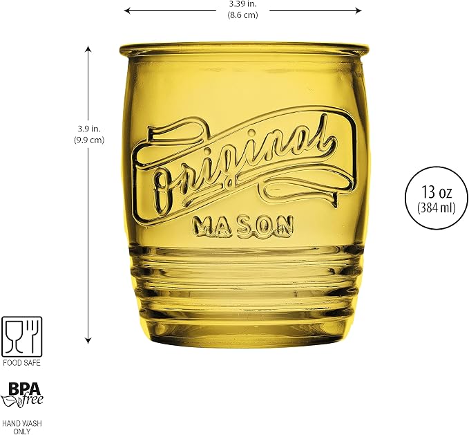 Glaver's Set Of 4 Original Mason Collins Glasses Assorted Colored Drinking Glasses For Juice Smoothies Cocktails Fine Beverage Glass Cups HAND WASH(Original Mason Whiskey Colored 13 OZ.) - Image 4