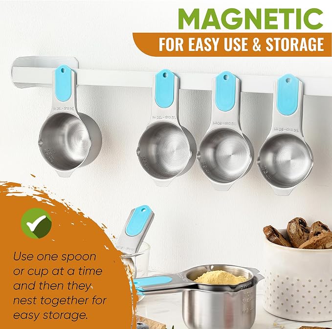 Spring Chef Magnetic Measuring Cups & Spoons Set of 15, Patented, Aqua Sky | Stackable Stainless Steel Measuring Cups & Heavy Duty Metal Measuring Spoons with Levelers for Dry & Liquid Ingredients - Image 4