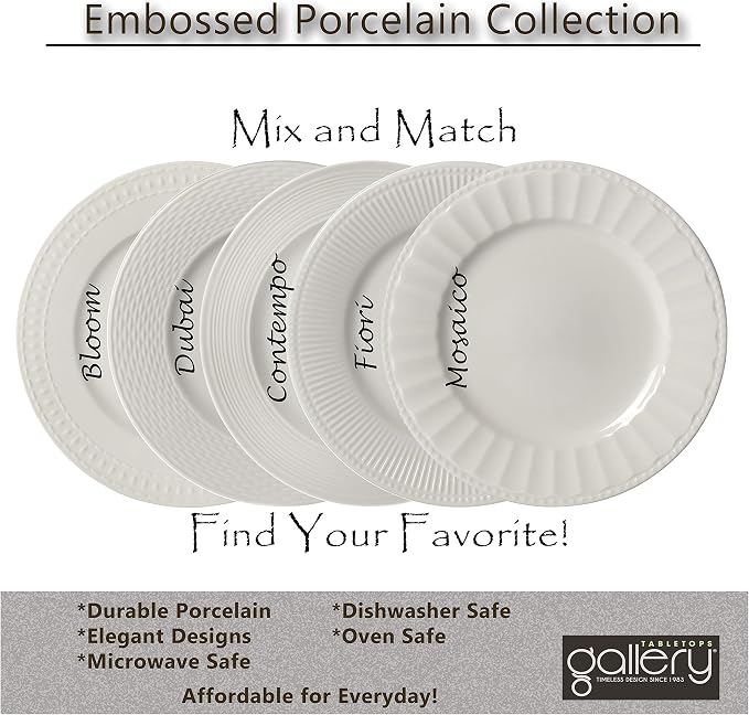 TTU Tabletops Gallery Embossed Bone White Porcelain Round Dinnerware Collection- Chip Resistant Scratch Resistant, Mosaico 16 Piece Dinnerware Set (Dinner Plate, Salad Plate, Cereal Bowl, Mug) - Image 2