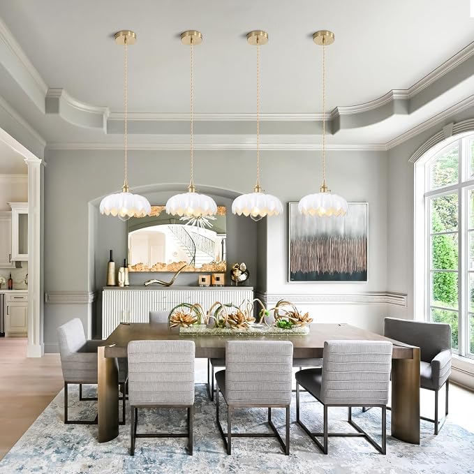 Mid Century Modern Pendant Light Nordic White Chandelier with Hand Blown Flower Glass Shade Brass Adjustable Height Dining Table Pendant Lamp with Switch for Kitchen Island Dining Room Hotel - Image 5