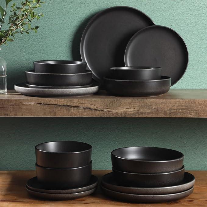 Gibson Elite Pasco 16 Piece (Service for 4) Plates and Bowls Double Bowl Reactive Glaze Dishes Stoneware Ceramic Dinnerware Set - Black - Image 2