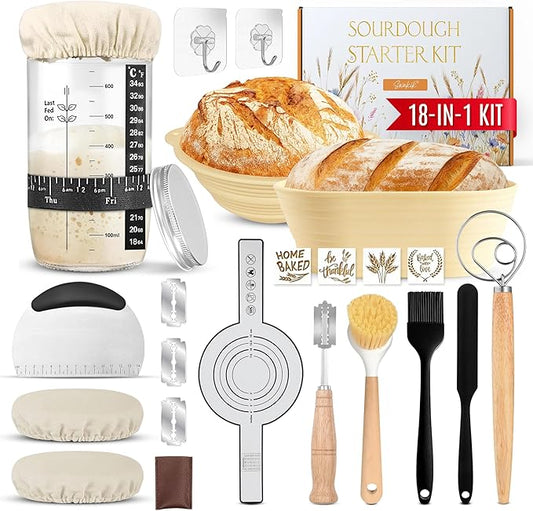 SWAKIK18 Plus Sourdough Starter Kit Set Sourdough Bread Baking Supplies Great Gift Beginners Bread Makers 24oz Fermentation Jar 9" and 10" Silicone Banneton Bread Proofing Basket, Dough Whisk