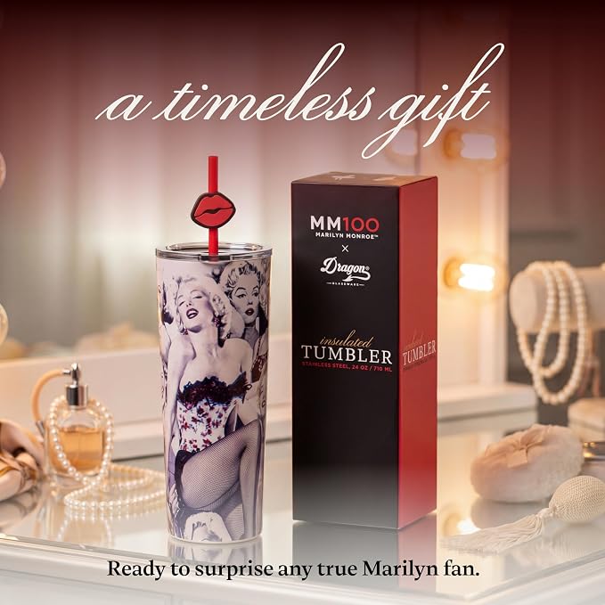 Dragon Glassware x Marilyn Monroe 100th Celebration Tumbler, 24oz - Glamour | Vacuum Insulated Stainless Steel Tumbler with Straw & Lid; Double Walled Tumbler with Straw Charm; Marilyn Monroe Cup - Image 6