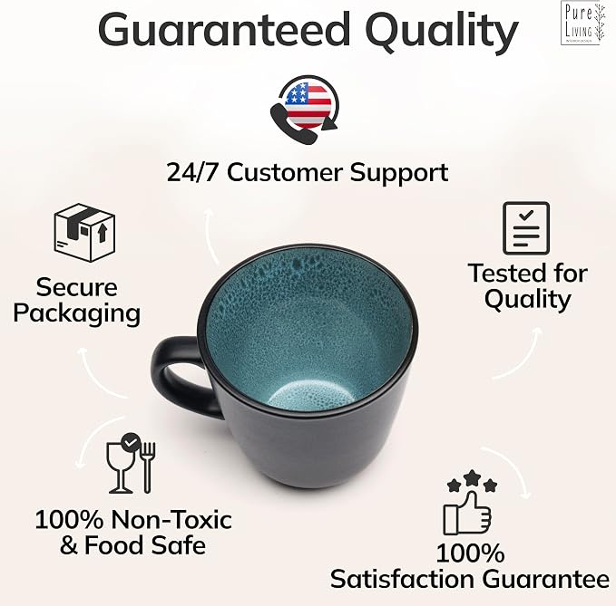 Large Stoneware Coffee Mugs Set of 4, 15.6 oz Coffee Cups with Reactive Glaze, Lead-Free, Dishwasher & Microwave Safe, Stain Resistant for Cocoa, Latte, Cappuccino & Tea, Petrol Blue - Image 4
