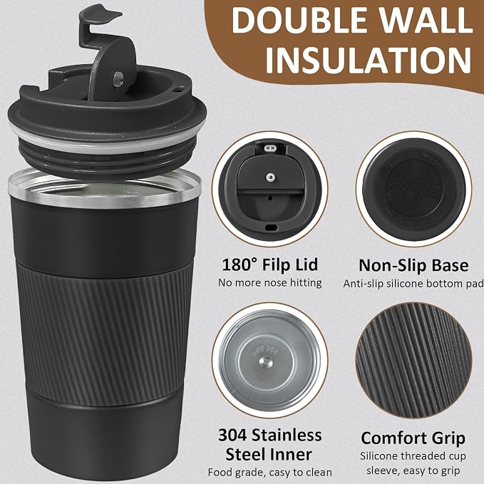 4 Pack Insulated Coffee Mug with Lid 17oz Travel Coffee Tumbler Stainless Steel Reusable Coffee Cups Thermal Coffee Mug for Hot and Iced Cold Drinks, Black - Image 3