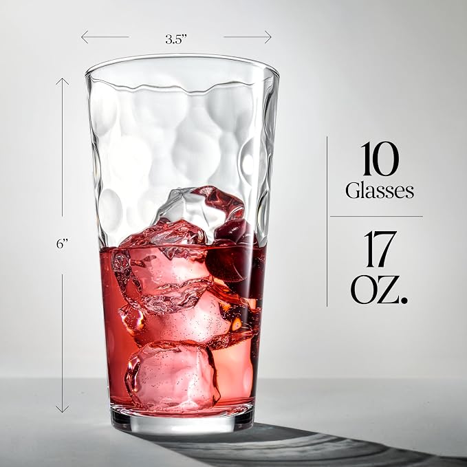 Highball Drinking Glasses Set of 10 Glass Cups by Home Essentials, 17 Oz. Glassware, for Water, Juice, Cocktails, Iced Tea - Image 5