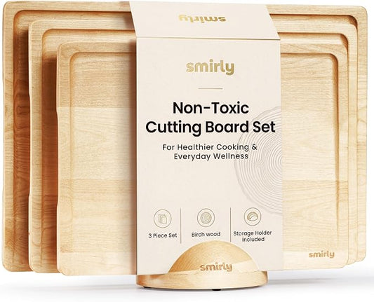 SMIRLY Cutting Boards for Kitchen, 3 Piece Birch Cutting Board with Stand | Non Toxic Wooden Cutting Board with Juice Grooves and Handles, Multiple Sizes Chopping Boards for Meat Vegetable Charcuterie by Smirly