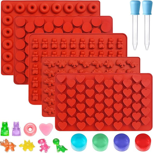 Gummy Bear Mold Silicone for Gummies Candy,5Pcs Gummy and Chocolate Molds Silicone for Kid Including Mini Bear, Dinosaur, Round, Hearts,Donut with 2 Droppers