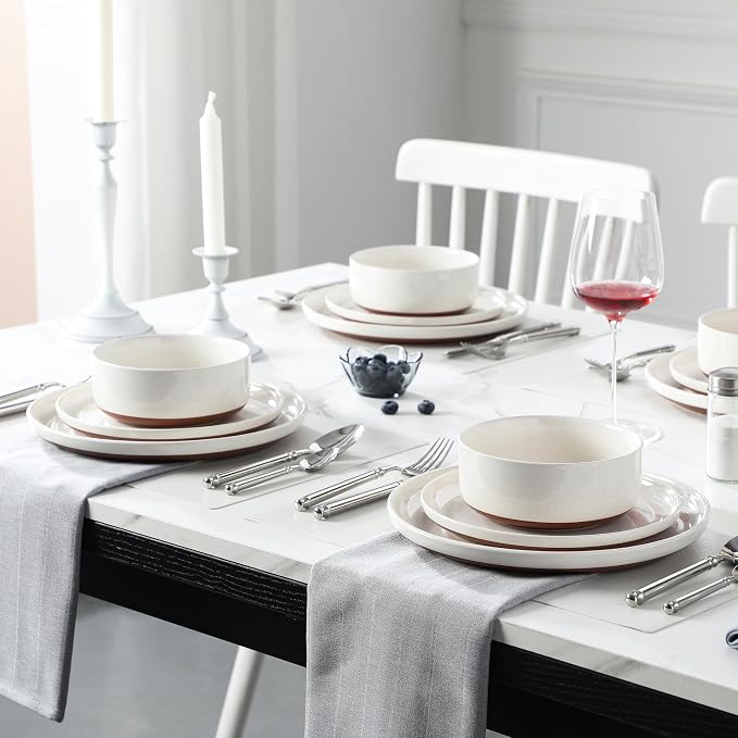 MALACASA Plates and Bowls Sets, 18 Pieces Modern Ceramic Dinnerware Set for 6 Kitchen Dinner Set Stoneware Dishware Dishes Set Microwave and Dishwasher Safe, White, Series TARA - Image 5