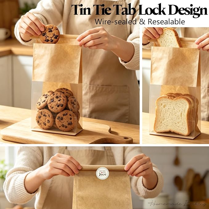 Cookie Bakery Bags with Window Small Bread Baked Goods Packaging Tin Tie Tab Closure & Cute Sticker for Candies, Treats, Snack - Brown Kraft Paper 20 Pcs 11x5.1x3.9 Inch - Image 5