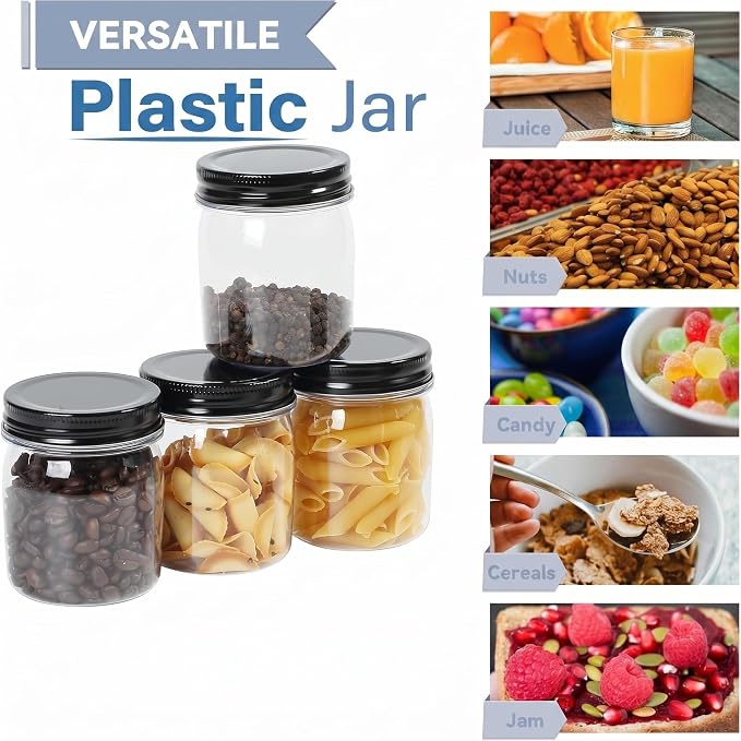 novelinks 8 oz Plastic Mason Jars and Clear Plastic Jars with Lids 8 oz | 8 Pack, Black, Plastic Containers with Lids, Small Mason Jars, Clear Jars Bulk, Spice Jars, Slime Jars, Mini Jars - Image 4