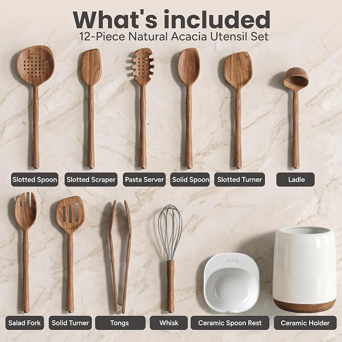 SMIRLY Acacia Wooden Utensil Set with Ceramic Holder & Spoon Rest,12-Piece | Non-Scratch Wooden Spoons for Cooking, Comfortable Grip Luxury Kitchen Gifts for Serving, Nonstick Cookware and Housewarming - Image 2