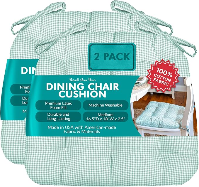 Barnett Home Decor Dining Chair Cushions with Ties, 16.5 x 18 Inches, Pack of 2 – Machine Washable, Made in USA with 100% Cotton and Plush Latex Foam Fill – Madrid Aqua Gingham Check by BarnettHomeDecor