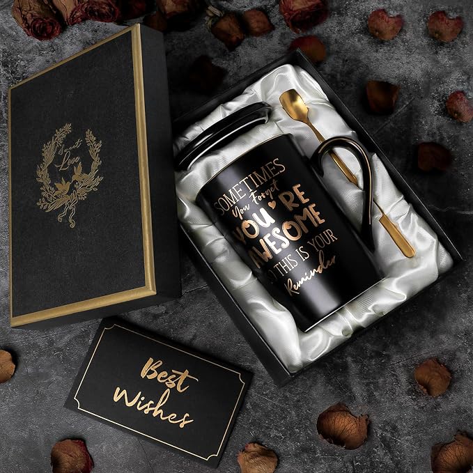 Anniversary Birthday Thank You Gifts for Men, 14oz Unique Black Ceramic Mug | Sometimes You Forget You're Awesome - Gold Print Inspirational Cup, Funny Valentines Day Presents for Boyfriend Husband Him - Image 6