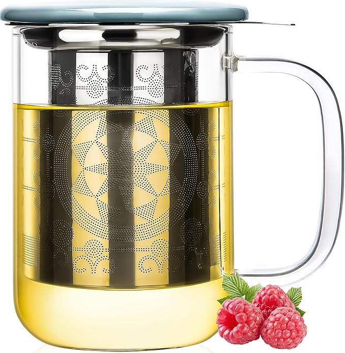 Aquach Tea Cup with Infuser and Lid, 18oz Borosilicate Glass Mug for Loose Leaf, Blooming Tea, Microwave & Dishwasher Safe - Ideal for Home Office Use, Gift for Tea Lovers