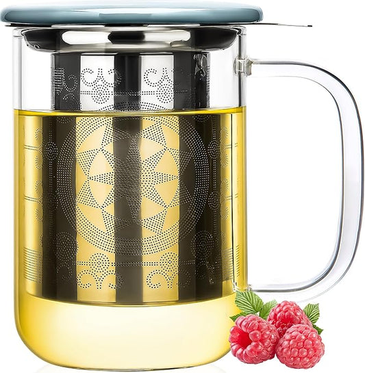 Aquach Tea Cup with Infuser and Lid, 18oz Borosilicate Glass Mug for Loose Leaf, Blooming Tea, Microwave & Dishwasher Safe - Ideal for Home Office Use, Gift for Tea Lovers
