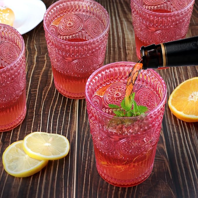 Loivttvv 6pcs Vintage Drinking Glasses Set, 12 oz Pink Highball Glasses, Embossed Ribbed Glassware Cups for Cocktail, Water, Juice, Coffee, Whiskey - Image 3