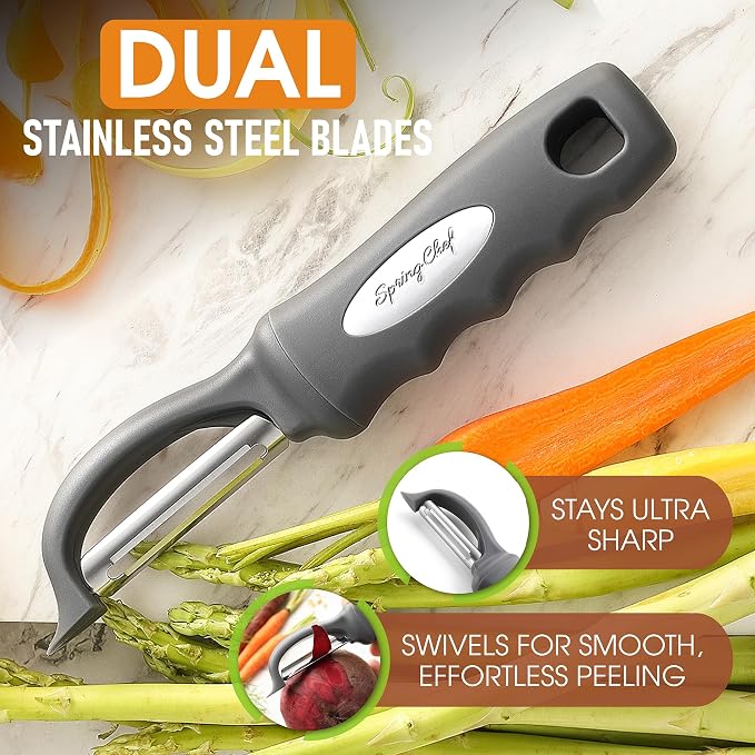 Spring Chef Swivel Potato Peeler for Kitchen with Ergonomic Handle, Gray | Premium Vegetable Peeler w/ Sharp Stainless Steel Blades, Multifunctional Food Peeler for Apple, Carrot, Cucumber, Fruit - Image 2