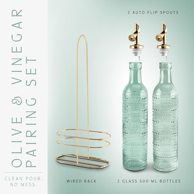 COOK WITH COLOR Glass Olive Oil Bottle Dispenser - 2 Pack- 17oz Oil and Vinegar Cruet - Olive Oil Carafe Decanter for Kitchen, Champagne Bubbles, Green - Image 3