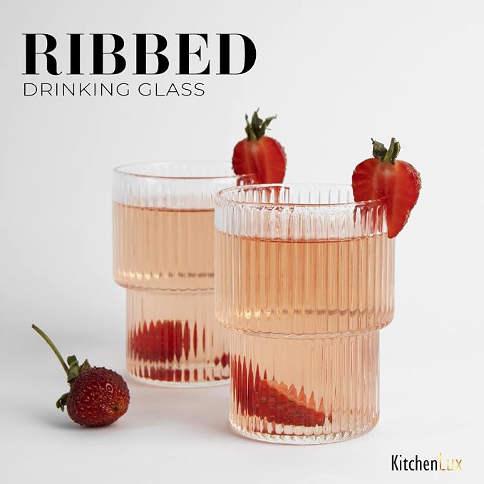 Kitchen Lux Ribbed Drinking Glasses - Ribbed Glass Cups 15 oz - Ribbed Glassware Set of 6 - Textured Vintage Retro Ripple Aesthetic Glass Ware for Whiskey Cocktail Beer Water, Coffee Bar Accessories - Image 5