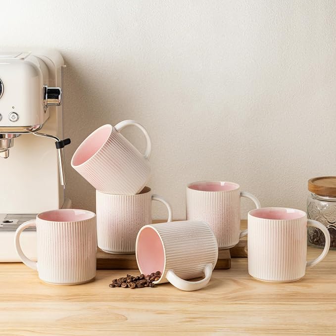 theterra Ceramic Coffee Mugs Set of 6, 14.2 oz Coffee Cups with Handle | Handmade, Suitable for Latte, Tea, Milk, Beer & Hot Cocoa, Primrose Pink by TheTerra