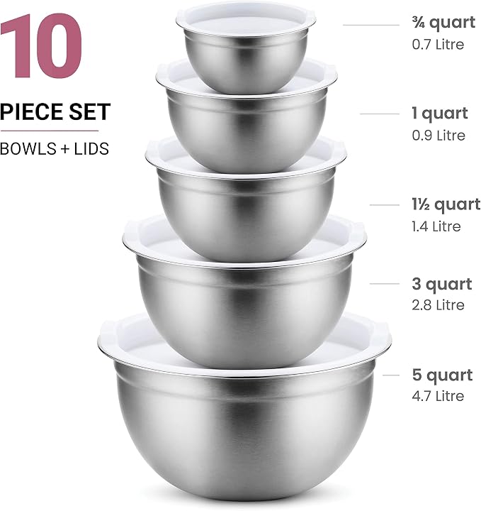 FineDine Stainless Steel Mixing Bowls Set with Lids, Home Kitchen Cooking Essentials Household Must Haves for Baking, 5 Pieces - Image 2