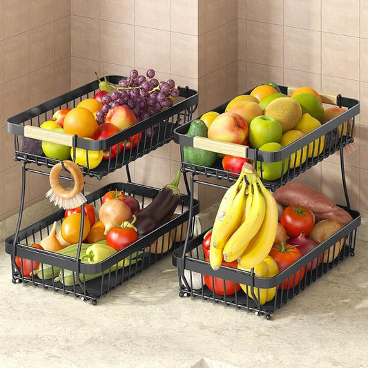 2-Tier Fruit Basket with Banana Hangers, Detachable Metal Bowl | Wooden handle, protective mats included. Versatile holder for bread, snacks, and veggies. 2-Pack 2 tier metal design. by Sevenblue