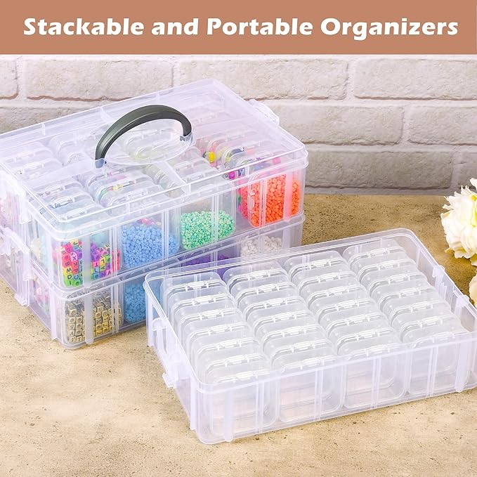 4-Tier Bead Storage Container, Craft Organizer Box with 32 Compartments, Clear Plastic Case with Handle, Includes Funnel and Brush (4-Tire Bead Organizer)