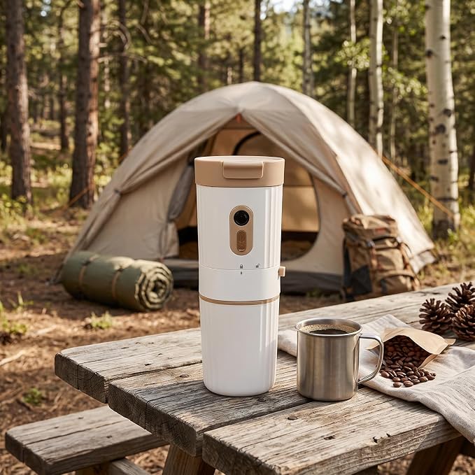 AYNEFY Portable Coffee Maker with Grinder, 7 Grind Settings Travel Machine | 7 Adjustable Grind Levels 400ml Brewing Capacity 15g Bean Chute Cleaning Brush Spoon Included Coffee Lovers Essential Tool - Image 2