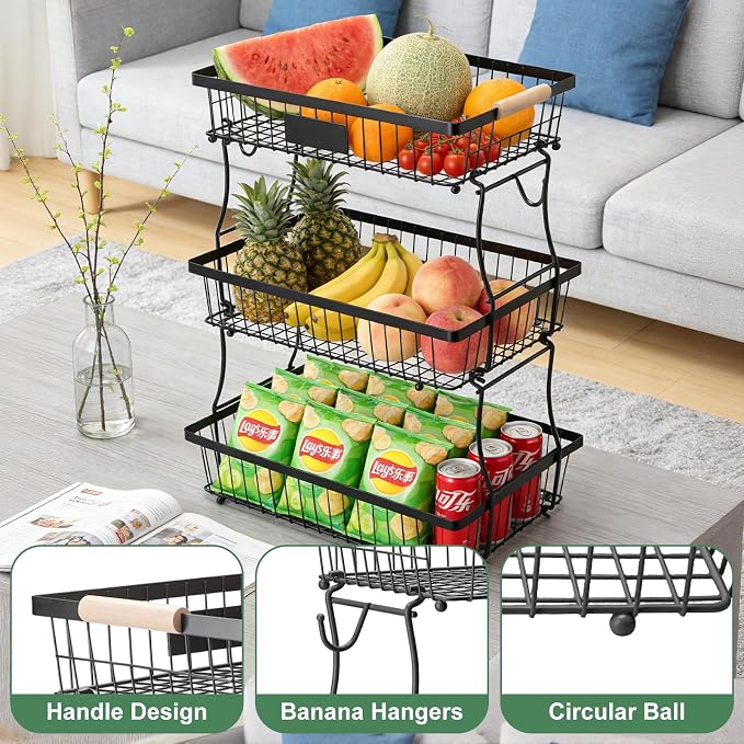 3 Tier Fruit Basket with 2 Banana Hangers, Mesh Basket Fruits Stand Produce Holder Organizer for Onion Potato Bread Snack Veggie Black - Image 5