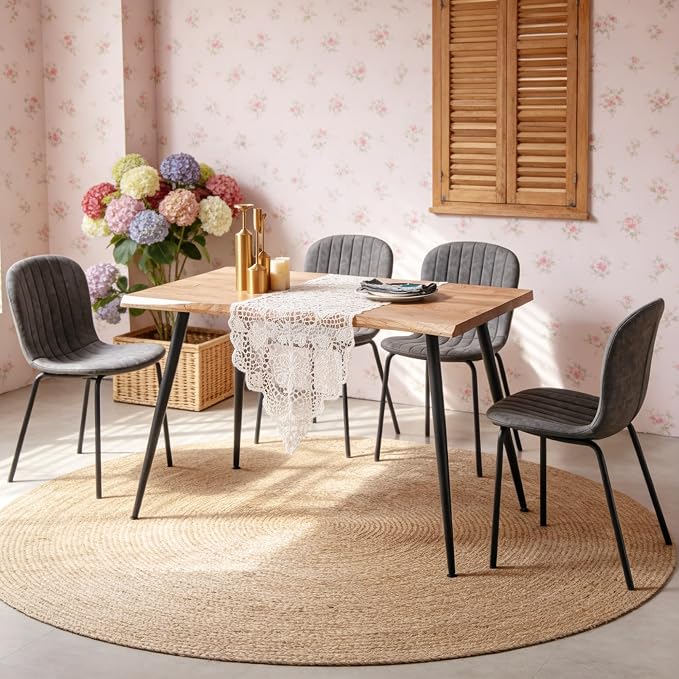 Rectangle Dining Table Set for 4 with Grey PU Leather Chairs | 5-Piece Mid-Century Modern Set, Irregular MDF Table, Wood Grain, Space-Saving for Small Spaces, Dining Rooms, Easy Clean - Image 6