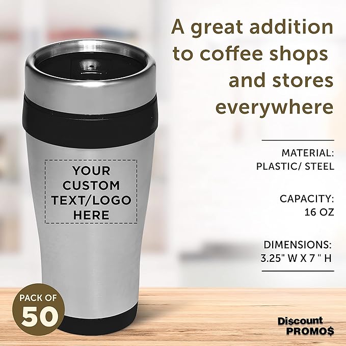 Custom Insulated Stainless Steel Travel Mugs 16 oz. Set of 50, Personalized Bulk Pack - Perfect for Coffee, Soda, Other Hot & Cold Beverages - Black